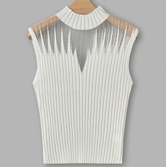 Women's Striped Print Sheer Sleeveless Knitted Top With Stand Collar - Picture 1 of 6